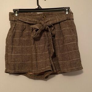 She + Sky Brown Tweed Herringbone Pattern Paperbag High-waisted Shorts
